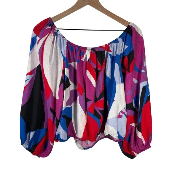 Nine West Womens XXL Abstract Print Off The Shoulder Balloon Sleeve Blouse Pink - Picture 3 of 5